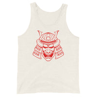 Red Samurai Kabuto Mask design on men's tank top, front view