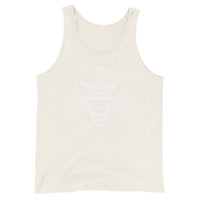 White Samurai Kabuto Mask design on men's tank top, front view