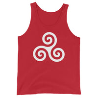 White Triskelion design on men's tank top, front view
