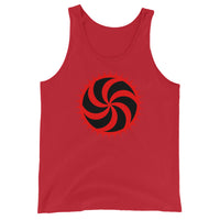 Red Deadly Swirl design on men's tank top, front view