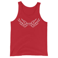White Falling Sparrows design on men's tank top, front view