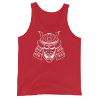 White Samurai Kabuto Mask design on men's tank top, front view