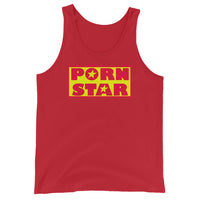 Yellow Red Porn Star Logo design on men's tank top, front view