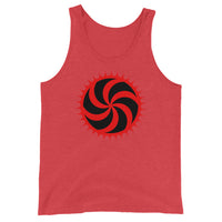 Red Deadly Swirl design on men's tank top, front view