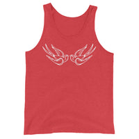 White Falling Sparrows design on men's tank top, front view