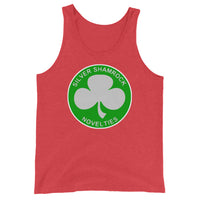 Silver Shamrock Novelties design on men's tank top, front view