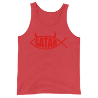 Red Satan Fish design on men's tank top, front view