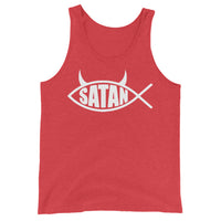 White Satan Fish design on men's tank top, front view