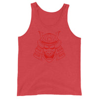 Red Samurai Kabuto Mask design on men's tank top, front view