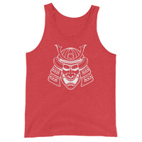 White Samurai Kabuto Mask design on men's tank top, front view