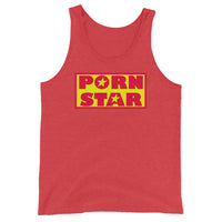 Yellow Red Porn Star Logo design on men's tank top, front view