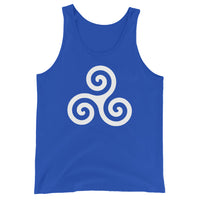 White Triskelion design on men's tank top, front view