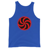 Red Deadly Swirl design on men's tank top, front view