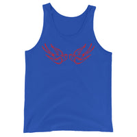 Red Falling Sparrows design on men's tank top, front view