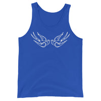 White Falling Sparrows design on men's tank top, front view