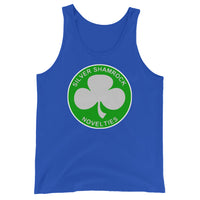 Silver Shamrock Novelties design on men's tank top, front view
