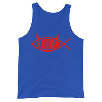 Red Satan Fish design on men's tank top, front view