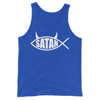 White Satan Fish design on men's tank top, front view