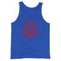 Red Samurai Kabuto Mask design on men's tank top, front view