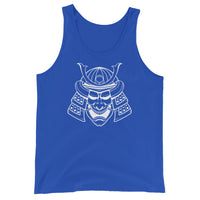 White Samurai Kabuto Mask design on men's tank top, front view