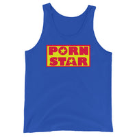Yellow Red Porn Star Logo design on men's tank top, front view