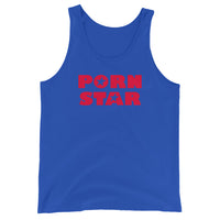 Red Porn Star Logo design on men's tank top, front view