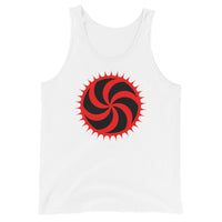 Red Deadly Swirl design on men's tank top, front view