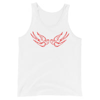 Red Falling Sparrows design on men's tank top, front view