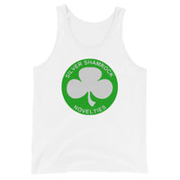 Silver Shamrock Novelties design on men's tank top, front view