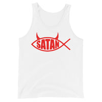Red Satan Fish design on men's tank top, front view