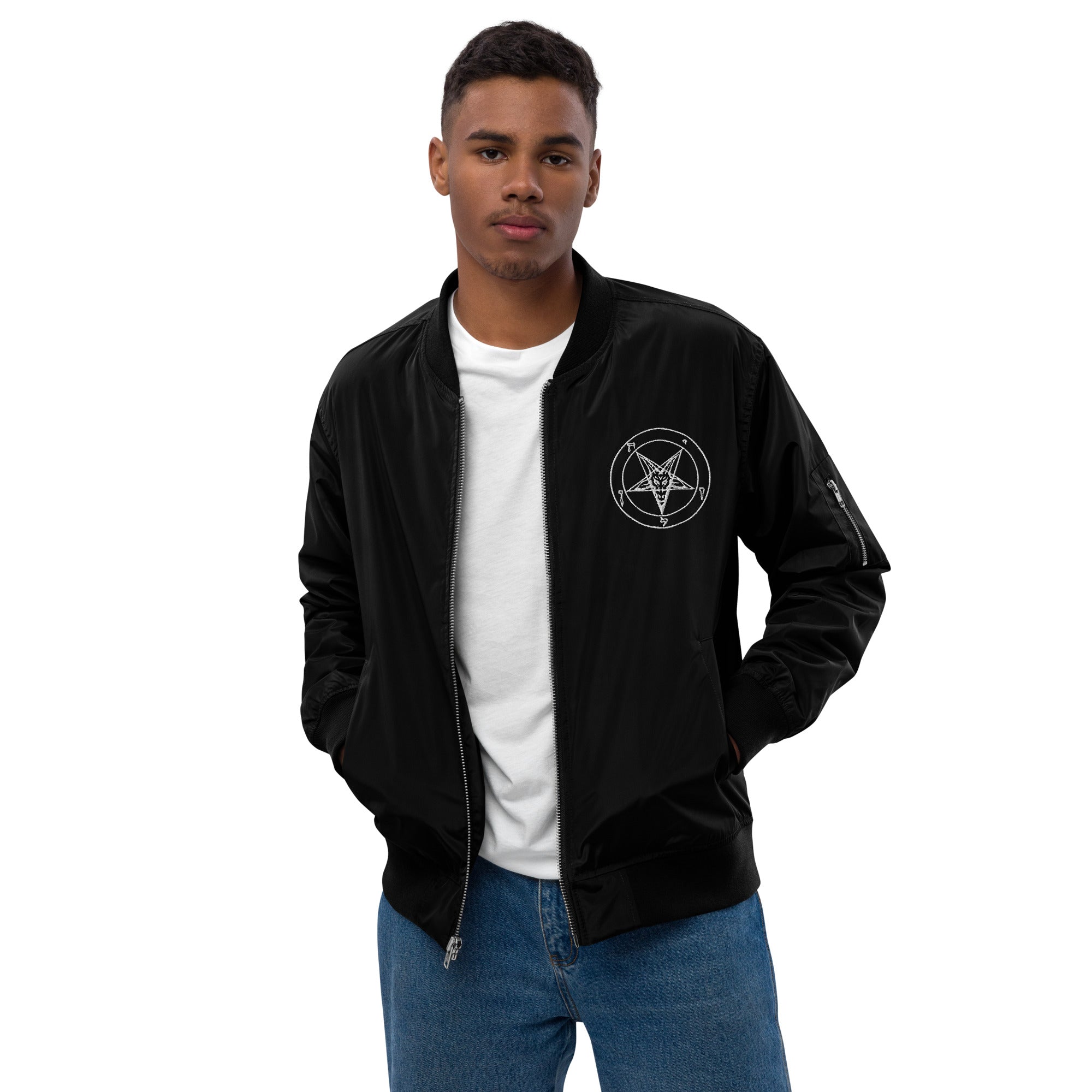 White Embroidered Baphomet Sigil on Black Premium Recycled Bomber Jacket - Edge of Life Designs