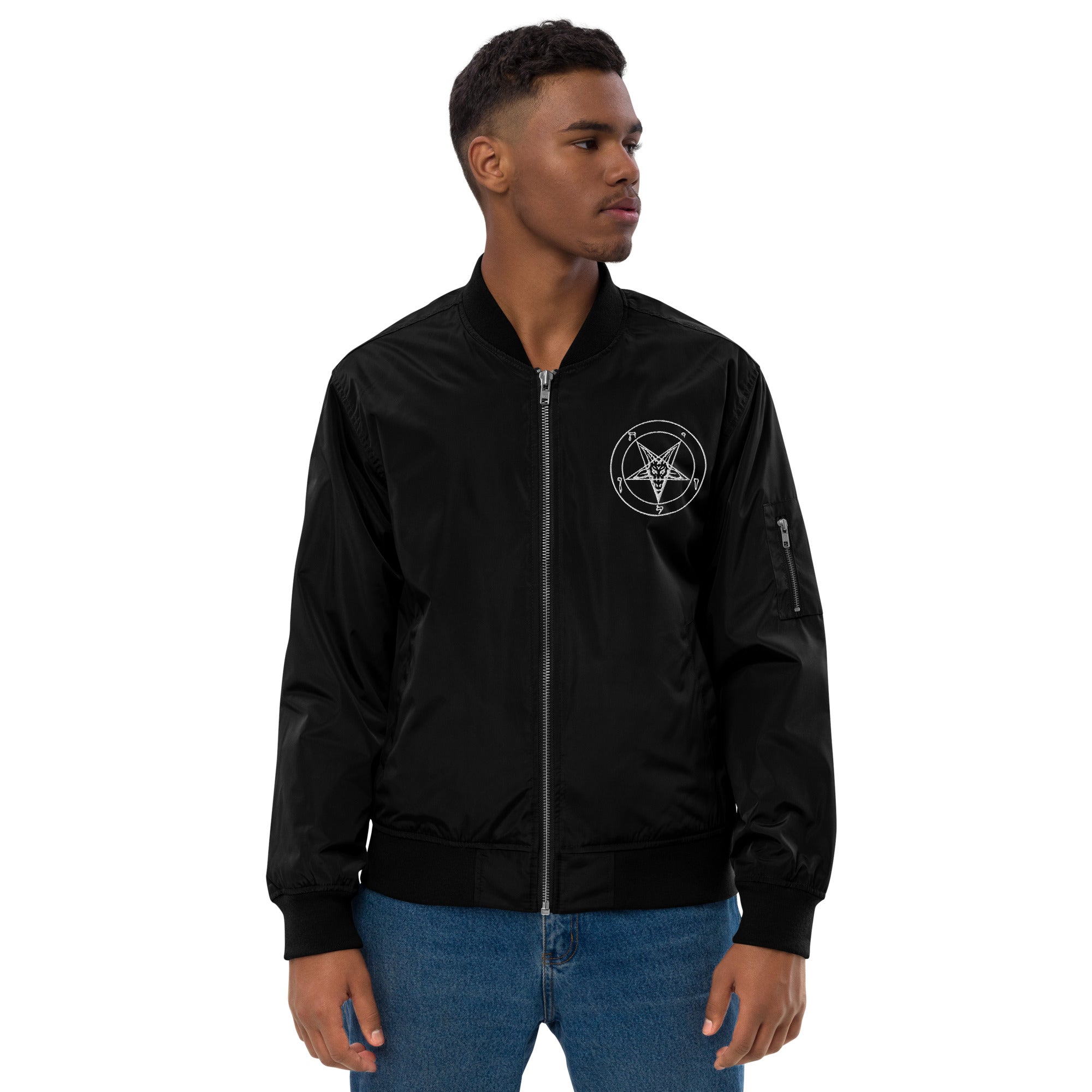 White Embroidered Baphomet Sigil on Black Premium Recycled Bomber Jacket - Edge of Life Designs