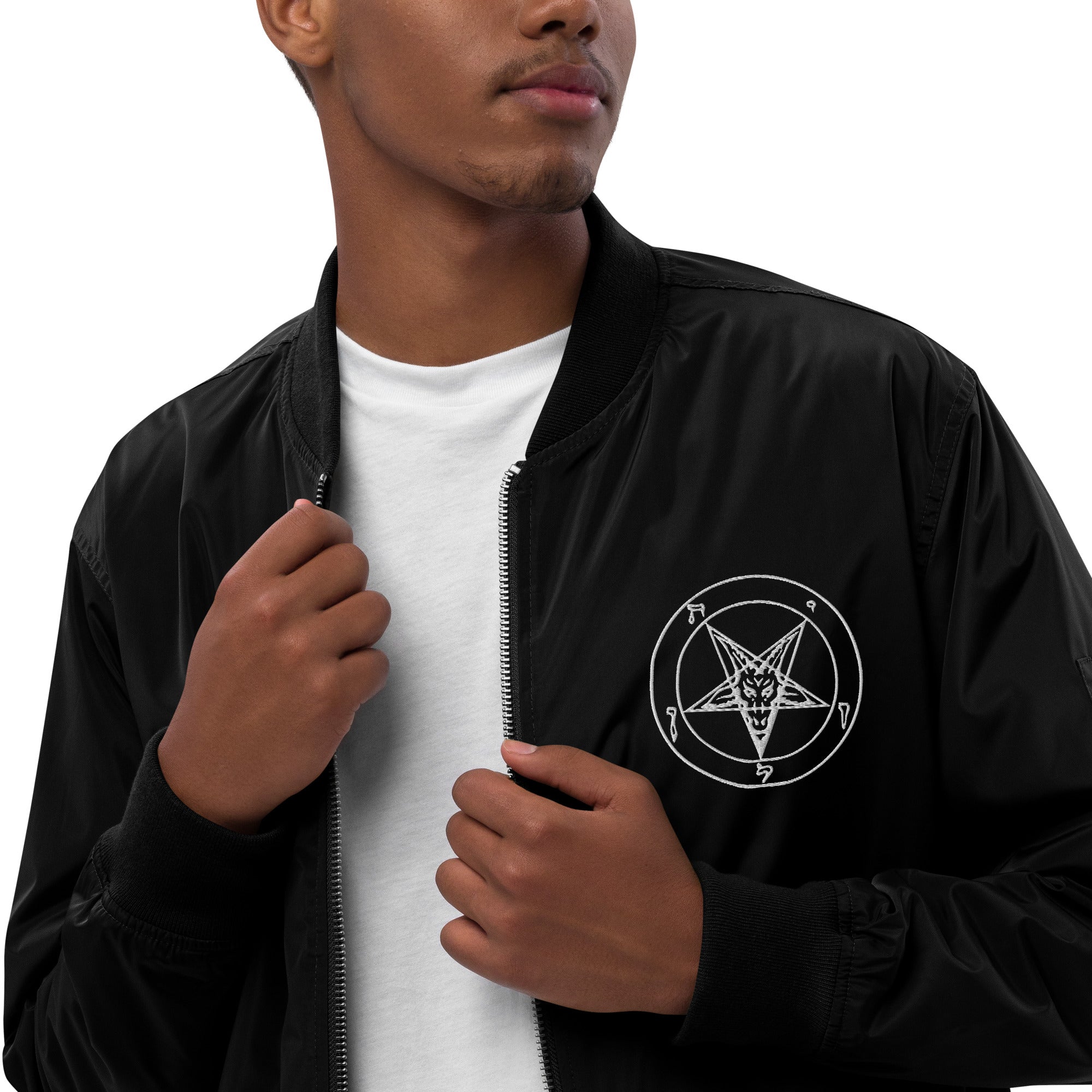 White Embroidered Baphomet Sigil on Black Premium Recycled Bomber Jacket - Edge of Life Designs