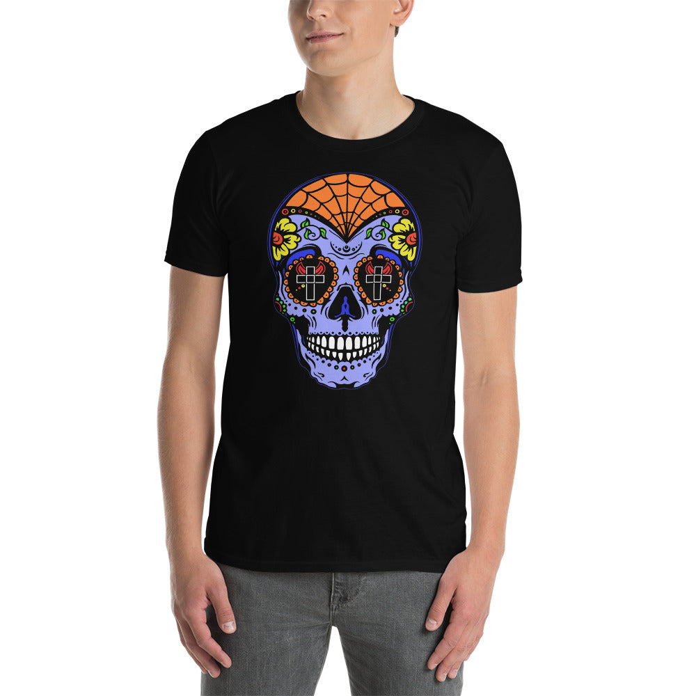 Blue Sugar Skull Day of the Dead Halloween Men's Short Sleeve T-Shirt - Edge of Life Designs