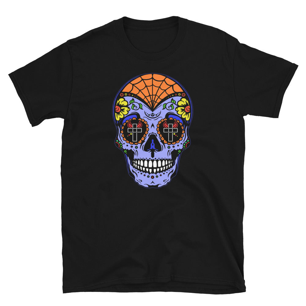 Blue Sugar Skull Day of the Dead Halloween Men's Short Sleeve T-Shirt - Edge of Life Designs
