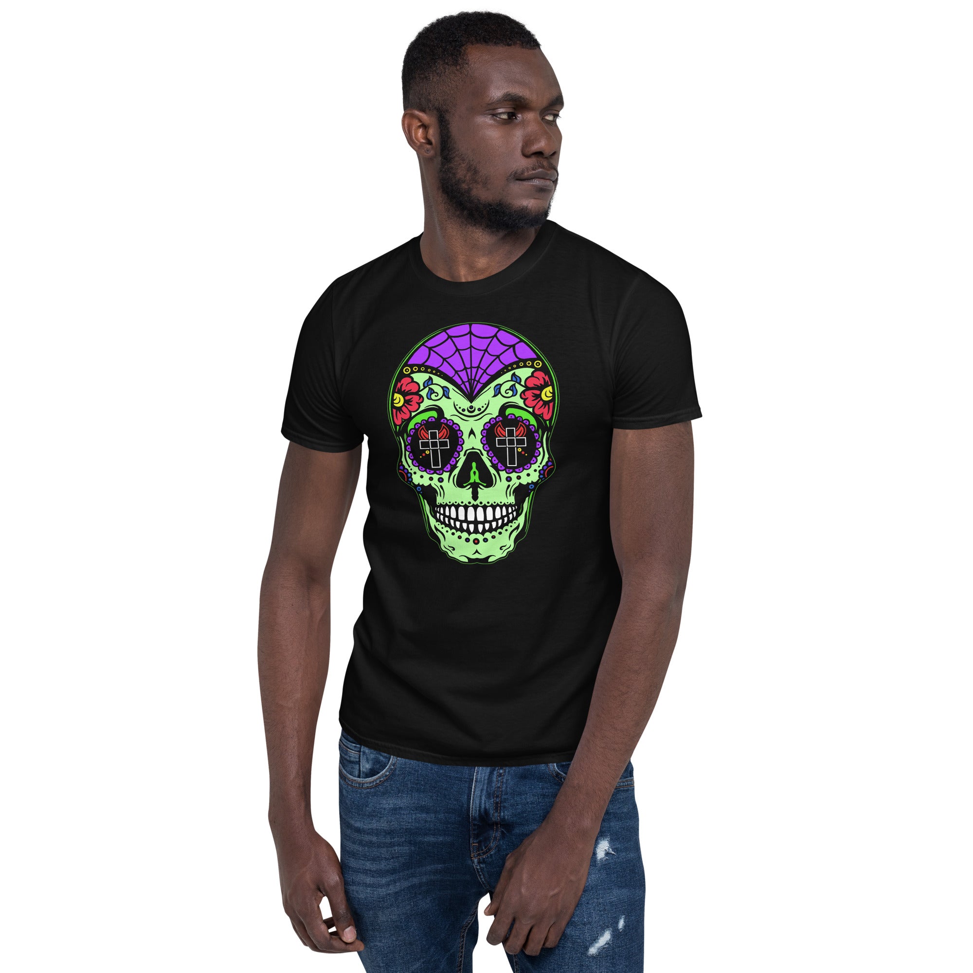 Green Sugar Skull Day of the Dead Halloween Men's Short Sleeve T-Shirt - Edge of Life Designs