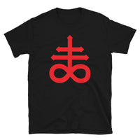 Red Leviathan Cross design on unisex T-shirt, front view