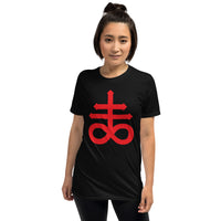 Red Leviathan Cross design on unisex T-shirt, front view