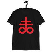 Red Leviathan Cross design on unisex T-shirt, front view