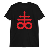 Red Leviathan Cross design on unisex T-shirt, front view