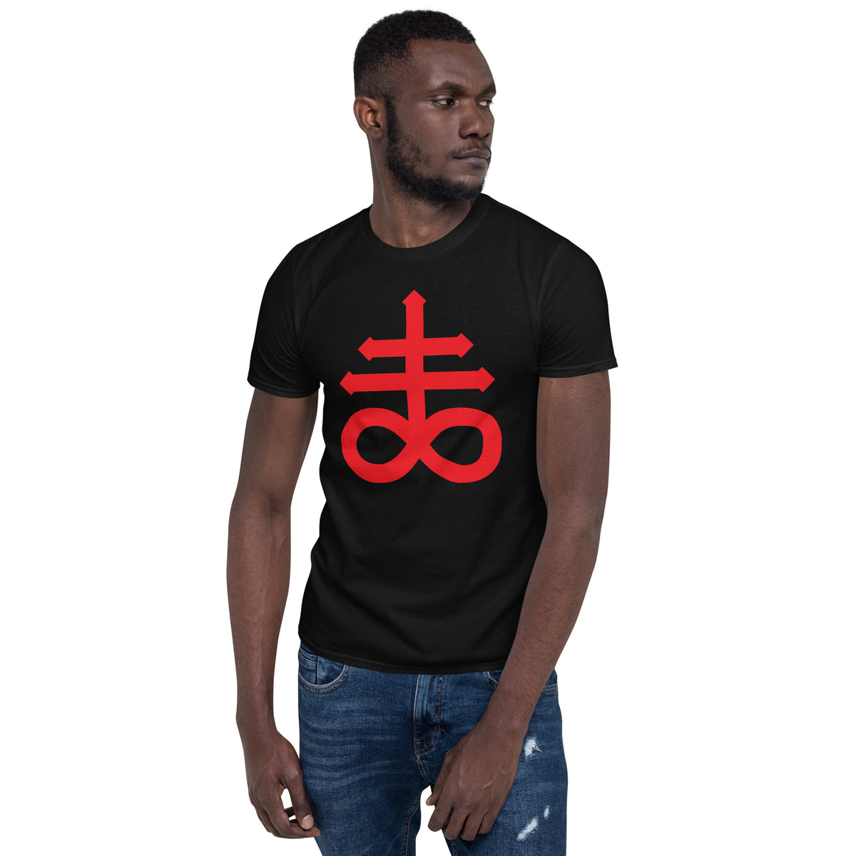 Red Leviathan Cross design on unisex T-shirt, front view
