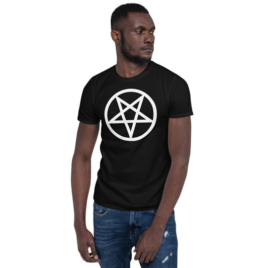 White Inverted Pentagram design on unisex T-shirt, front view