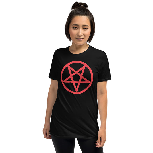 Red Inverted Pentagram design on unisex T-shirt, front view