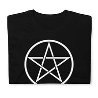 White Wiccan Pentagram design on unisex T-shirt, front view