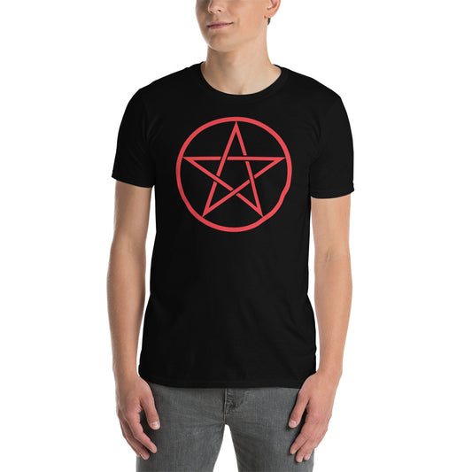 Red Wiccan Pentagram design on unisex T-shirt, front view