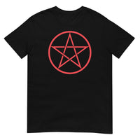 Red Wiccan Pentagram design on unisex T-shirt, front view