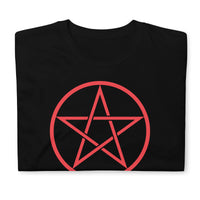 Red Wiccan Pentagram design on unisex T-shirt, front view