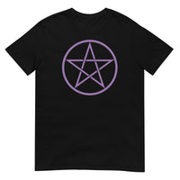 Purple Wiccan Pentagram design on unisex T-shirt, front view