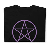Purple Wiccan Pentagram design on unisex T-shirt, front view
