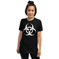 White Biohazard Symbol design on unisex T-shirt, front view